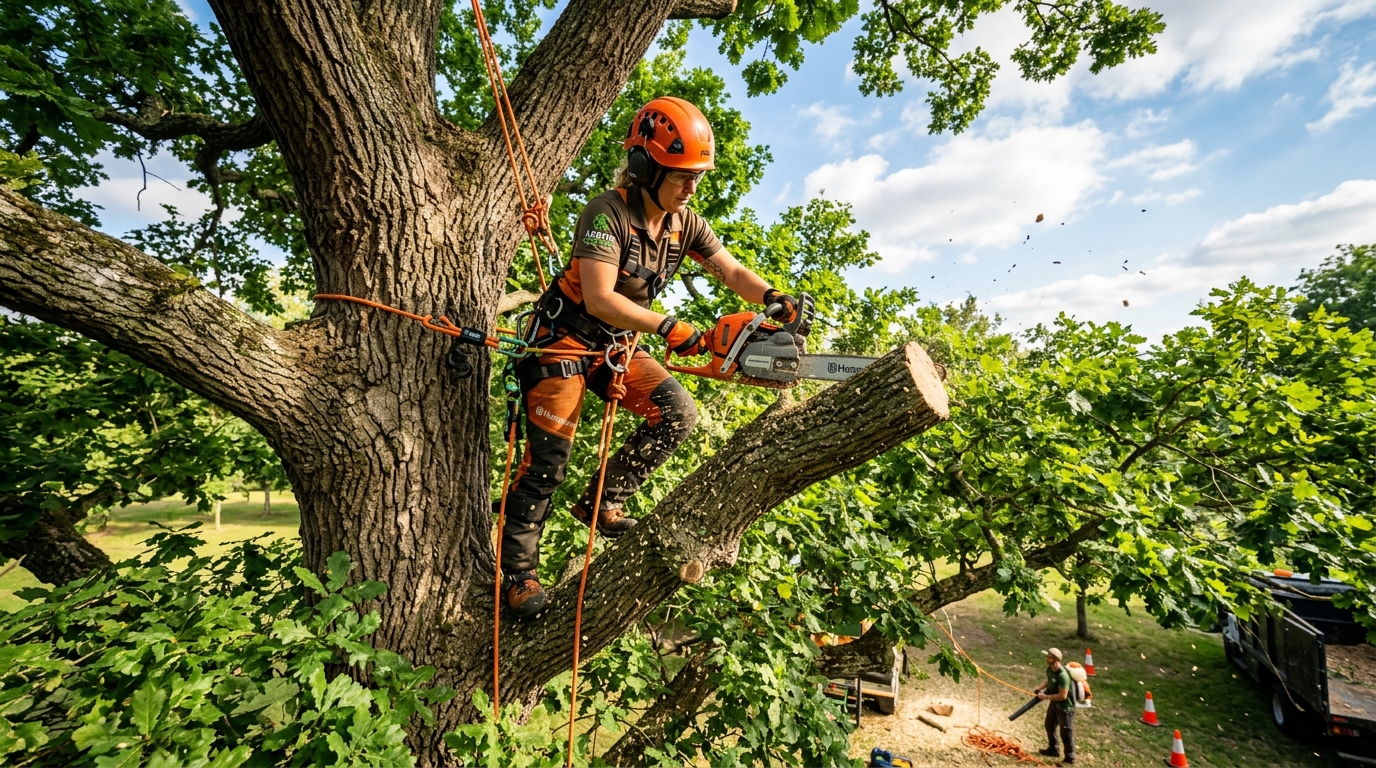 Professional arborist trimming a large oak tree